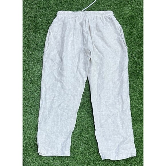 UCHUU Women's High Rise Wide Leg Drawstring Linen Pants Cropped Khaki SZ M - Picture 2 of 8